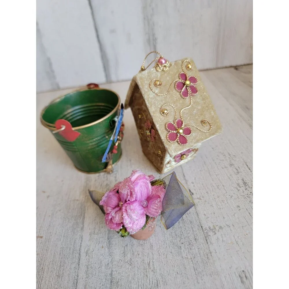 Unique‎ bird house bucket bird ornament Xmas set